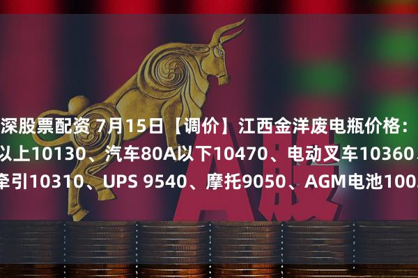 沪深股票配资 7月15日【调价】江西金洋废电瓶价格：电动10200、汽车80A以上10130、汽车80A以下10470、电动叉车10360、电轿10020、牵引10310、UPS 9540、摩托9050、AGM电池10020、电子秤7000、EFB10470、喷雾器8900。（单位：元/吨）（含3%增值税）